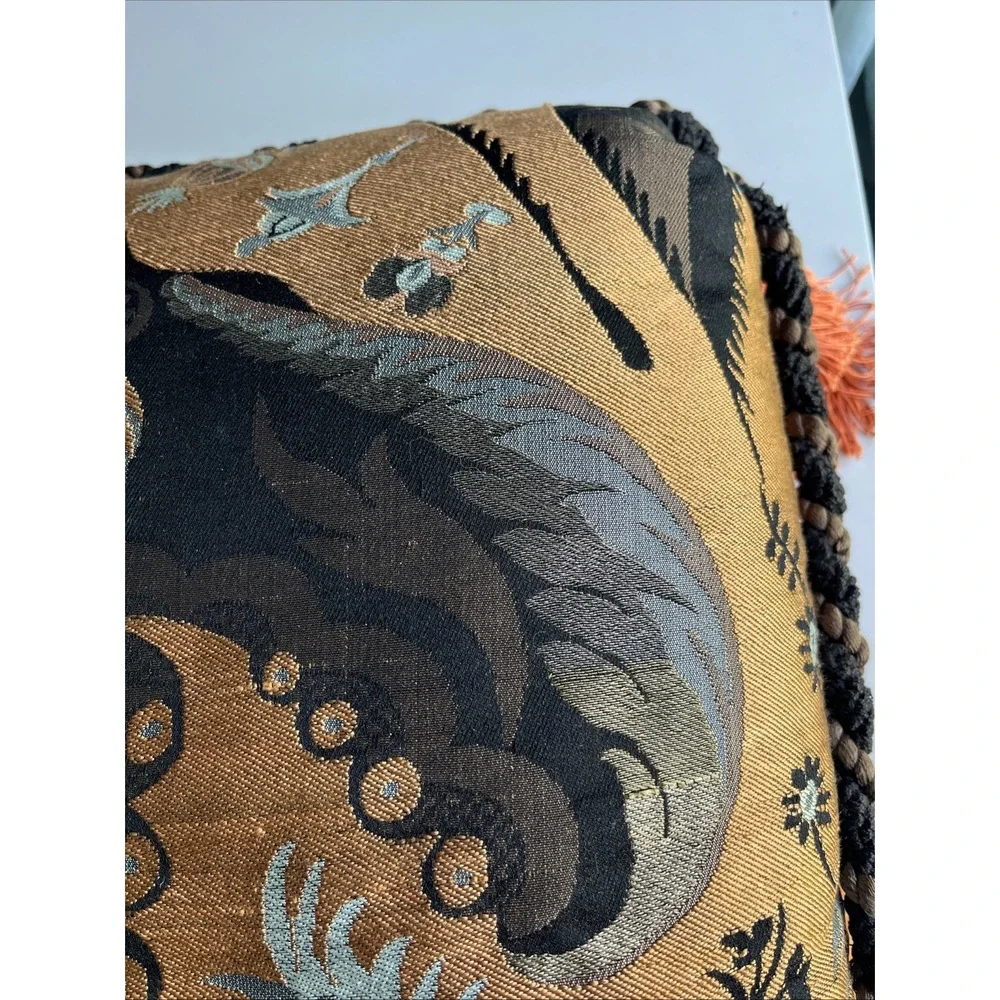Silk Embroidered Floral  Tapestry Pillow w/Tassels Braided Rope 20x15 Lux